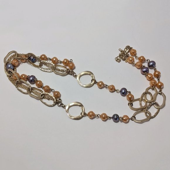 3 For 20 Gold Tone Peach Grey Faux Pearl Tiered Layered Chain Necklace - Picture 4 of 7